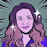 This is a coloured line drawing of a woman with light olive skin, dark blonde/reddish hair & green eyes. She is smiling.